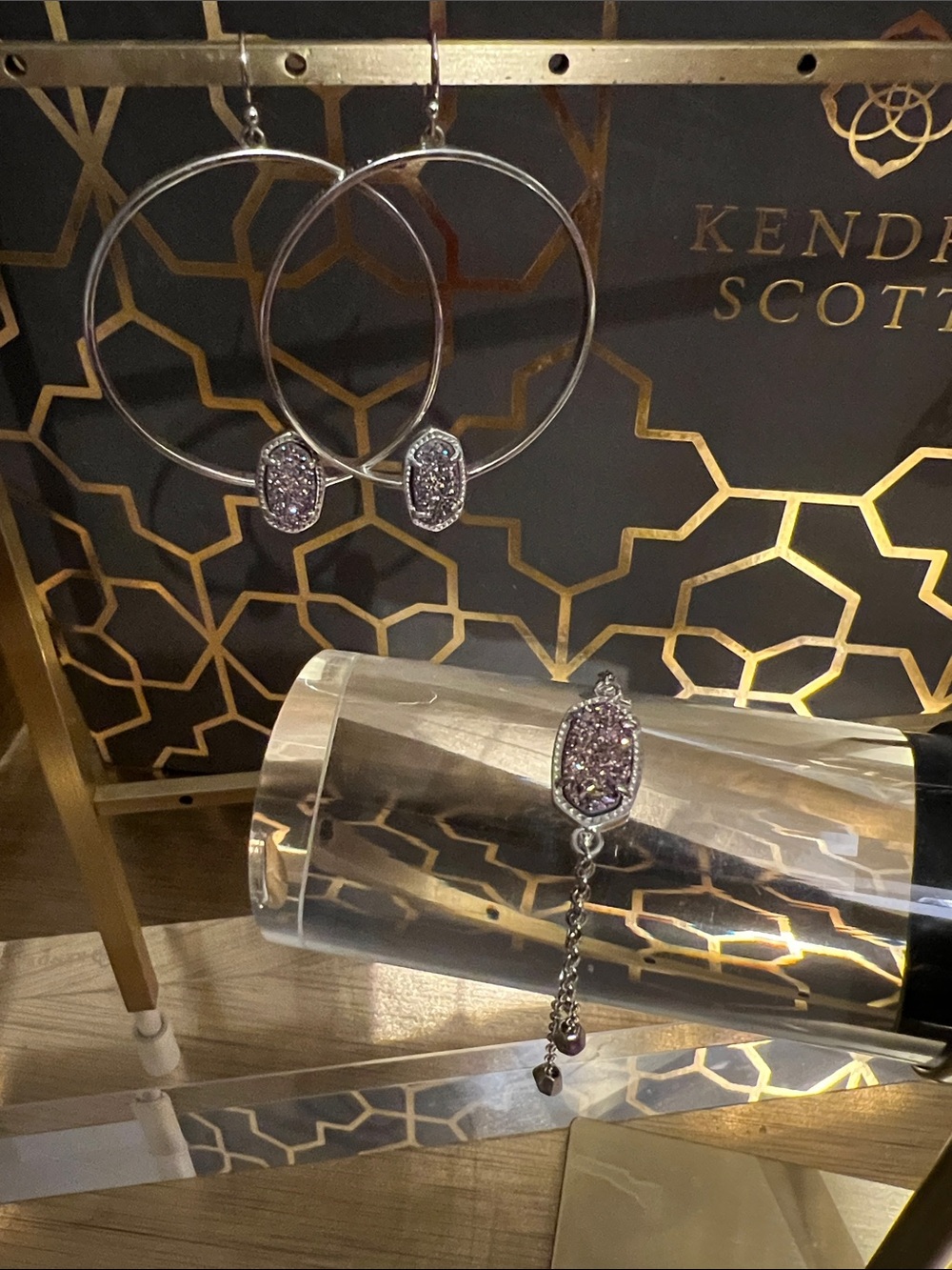 Kendra Scott Silver Hoop Earrings and Pendant with Lavender Druzy Accents